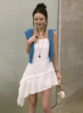 良良家白色不规则吊带连衣裙女