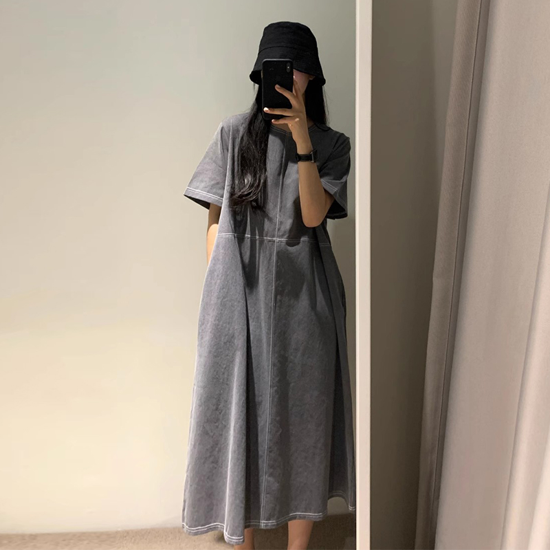 韩国chic夏季复古气质圆领明线设计宽松休闲纯色短袖棉麻连衣裙女