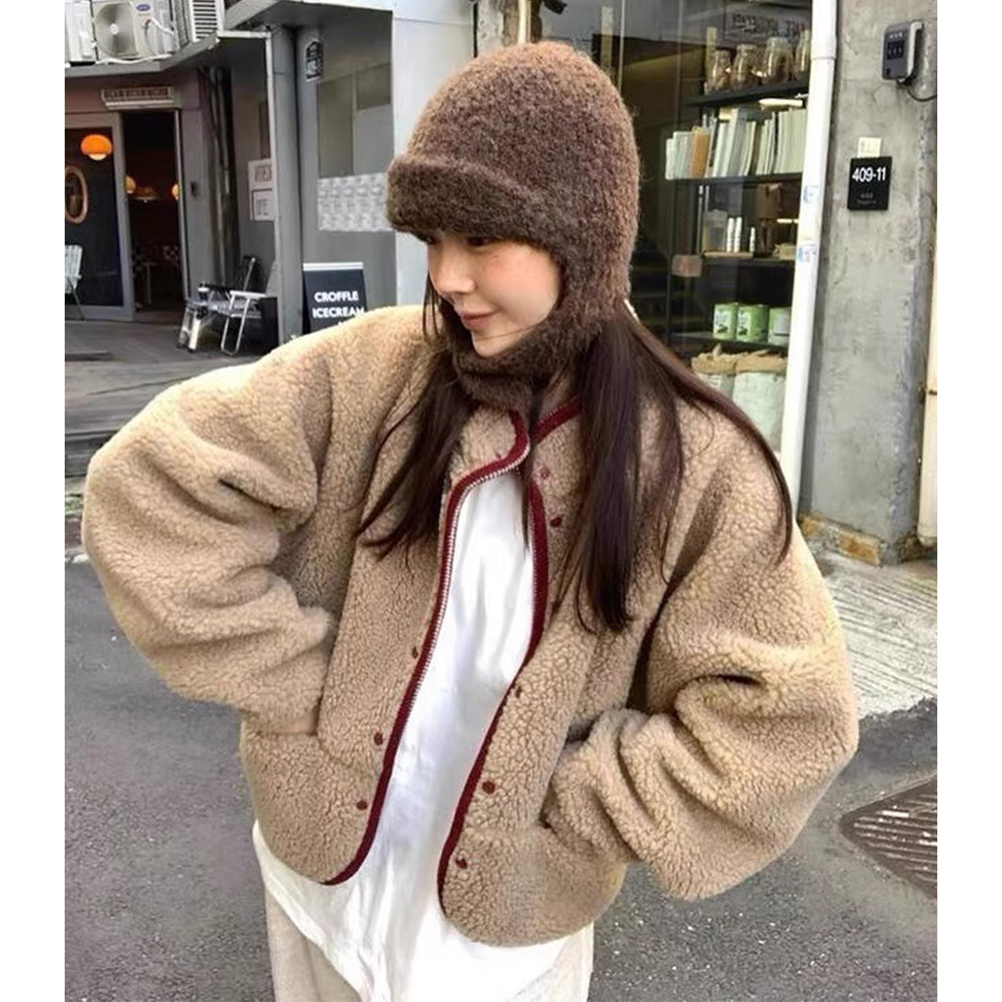 双口袋长袖羊羔毛加厚棉服外套