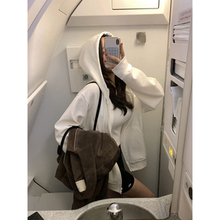 良良家慵懒风白色连帽卫衣外套女秋季新款宽松显瘦拉链开衫上衣