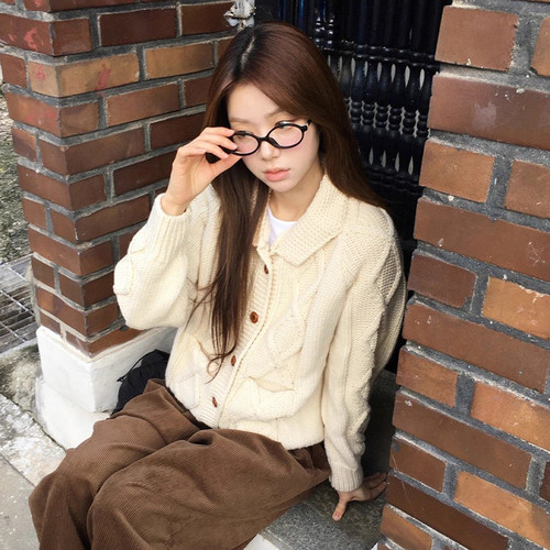 小众复古菱格提花针织开衫外套