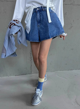 良良家压褶设计休闲水洗牛仔裤女复古小众高腰百搭显瘦阔腿短裤子