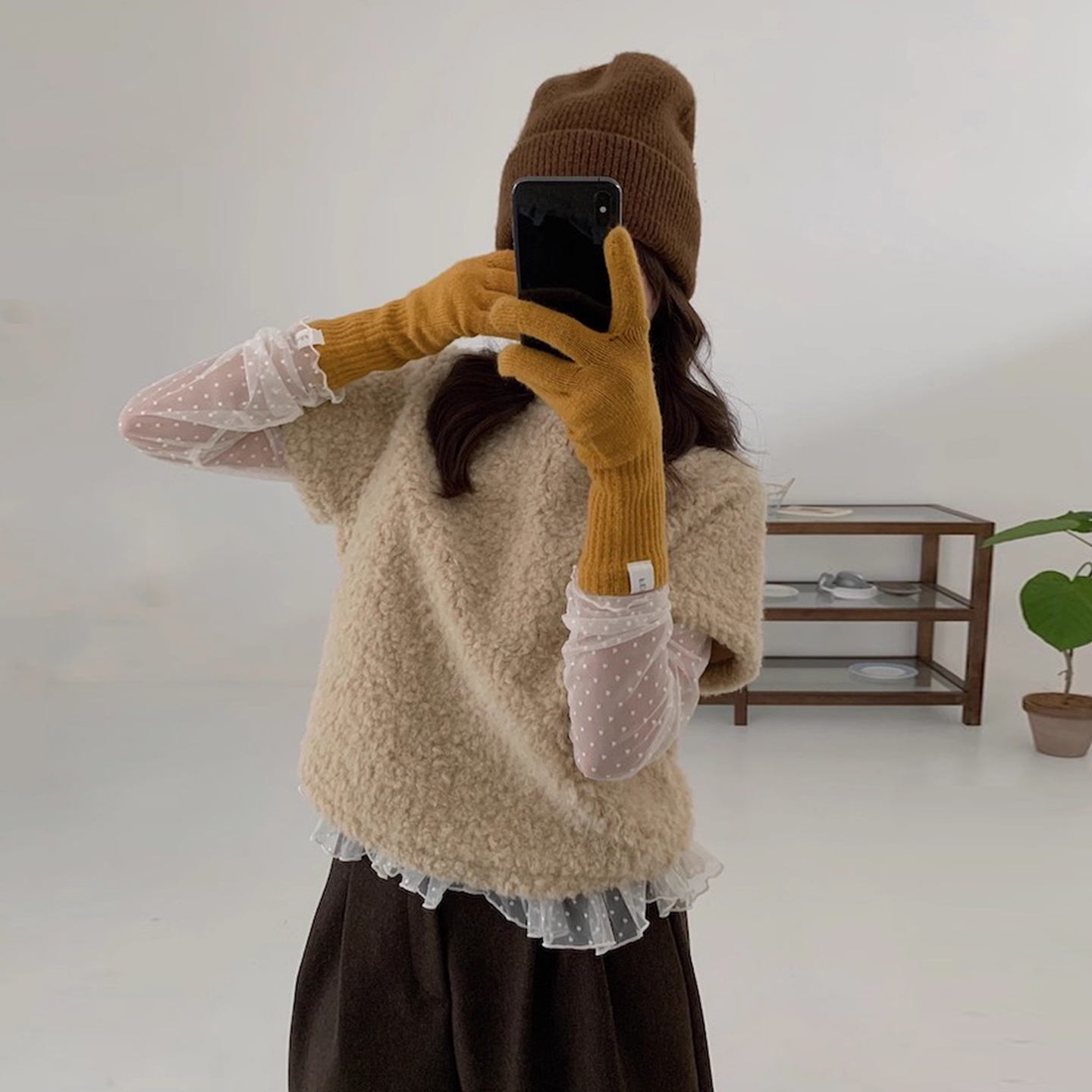 时尚套装透视网纱波点打底衫2025冬季新款宽松短袖羊羔毛棉服上衣