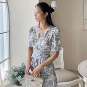 连衣裙女夏季 法式 气质短袖 民族风青花水墨印花系带收腰显瘦长裙子