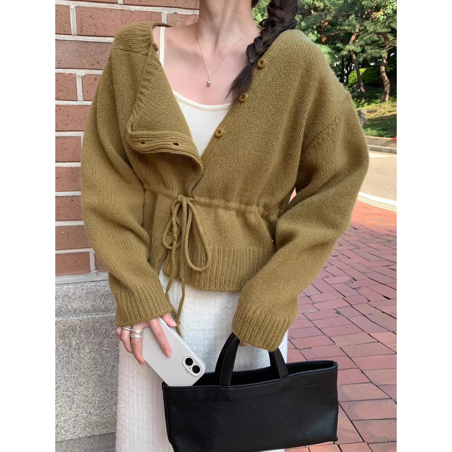 复古个性抽绳系带针织开衫毛衣短外套女2025秋季新款百搭显白上衣,女装/女士精品,毛衣,淘宝优惠券,粉丝福利购,淘宝优惠卷