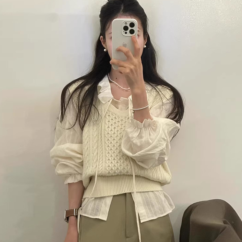 飘带长袖衬衫+小众叠穿针织马甲