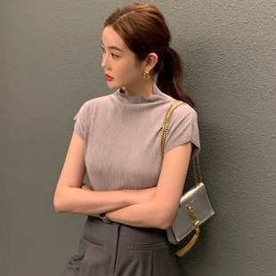 衬衫 显瘦短袖 女 简约风气质堆堆领设计感肌理纹感修身 韩国chic夏季