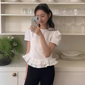 女 衬衫 韩国chic夏季 甜美气质圆领拼接双层荷叶边设计百搭显瘦短袖