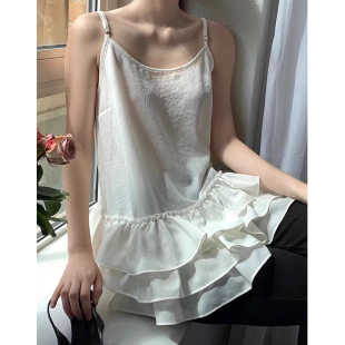 纯色荷叶边拼接下摆可叠穿无袖 良良家 法式 新款 吊带背心女 春季