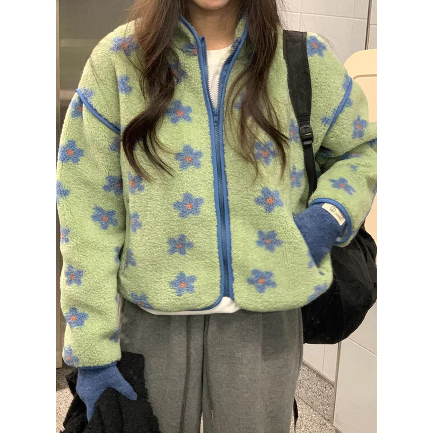 花朵提花长袖拉链式羊羔毛绒外套