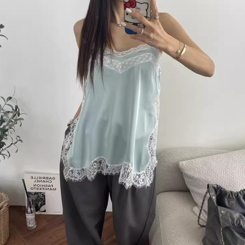 蕾丝花边拼接缎面吊带背心上衣女