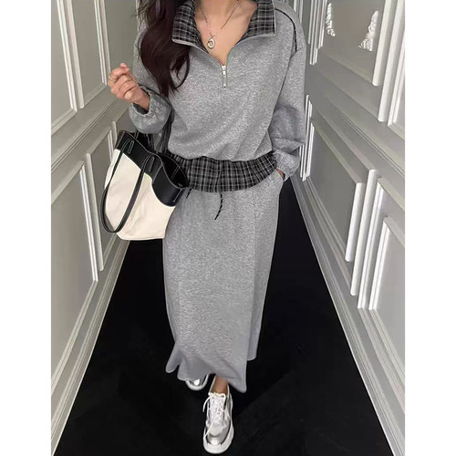 拼接假两件格子卫衣+直筒半身裙