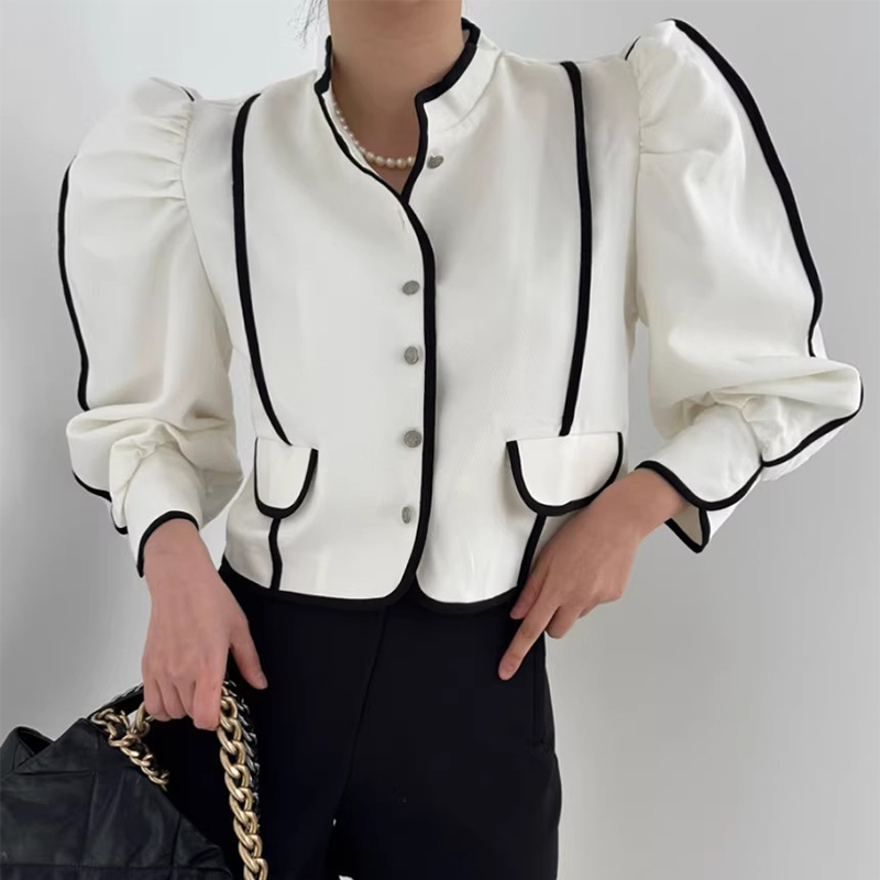 撞色拼接设计感泡泡袖短款上衣