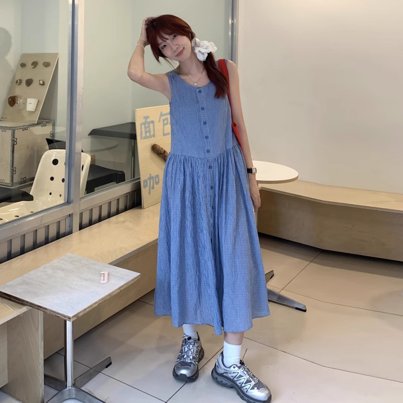 良良家复古格纹背心连衣裙女
