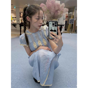 韩国chic夏季甜美减龄娃娃领蕾丝花边拼接透感花苞袖连衣裙长裙女
