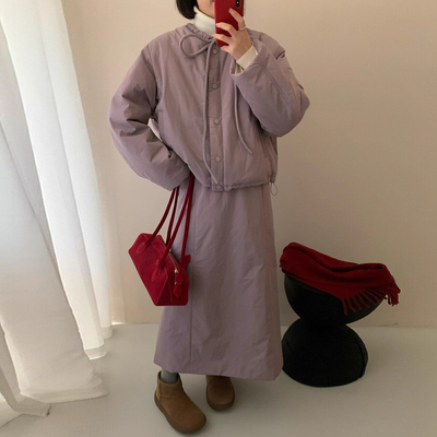 系带短款棉服外套A字半身裙