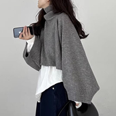 新款 毛衣女2025冬季 小众叠穿纯色上衣 针织衫 设计感高领不规则短款