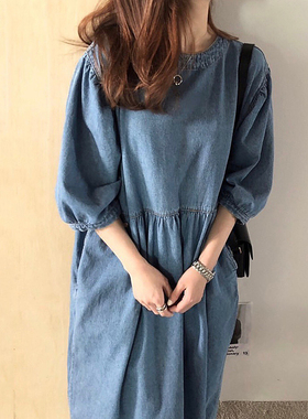 韩国chic复古慵懒风圆领高腰宽松口袋七分袖水洗蓝牛仔连衣裙长裙