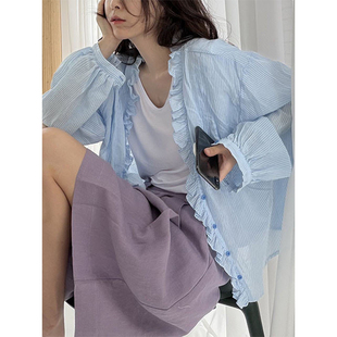 减龄木耳边条纹衬衫女2026早秋新款设计感小众宽松薄款防晒衫上衣