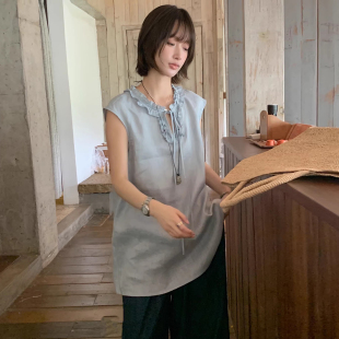 百搭长款 良良家设计感木耳边拼接系带V领无袖 新款 女夏季 上衣 衬衫