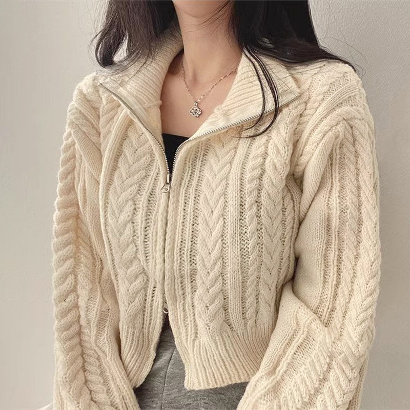 韩国chic秋冬复古气质立领双头拉链宽松百搭长袖麻花纹针织毛衣女