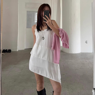 良良家 新款 法式 拼接蕾丝花边不对称裙摆吊带连衣裙短裙女 夏季