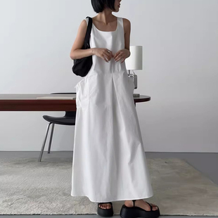 新款 连衣裙女夏季 压褶方领背心长裙 气质大口袋设计无袖 良良家法式