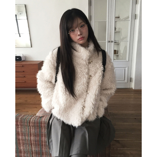 高级感圈圈毛单排扣短款仿皮草外套女2025冬季新款小个子纯色上衣