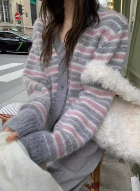 毛绒绒彩色条纹针织开衫毛衣外套