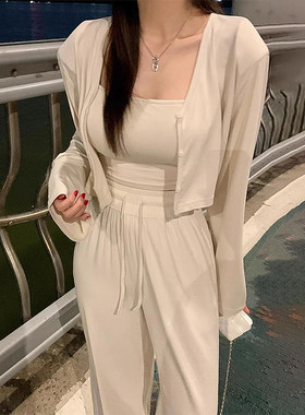 夏季开衫+吊带背心+休闲裤套装女