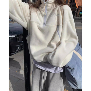 小众百搭款高领半拉链撞色卫衣女2025冬季新款宽松休闲毛绒绒外套