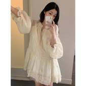甜美风刺绣钩花拼接木耳边小个子喇叭袖 韩国chic秋季 新款 连衣裙女
