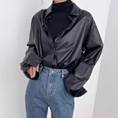 优雅气质翻领单排扣长袖 宽松百搭皮衣上衣 新款 PU皮衬衫 女早春季