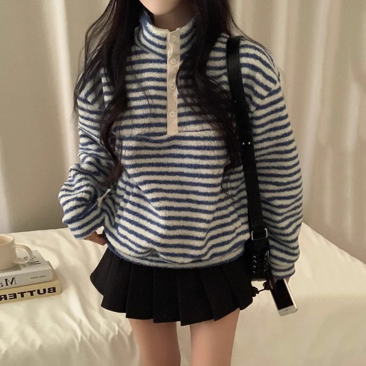 慵懒风撞色摇粒绒条纹卫衣外套