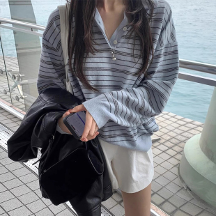 早秋新款 良良家慵懒风polo领撞色百搭条纹针织衫 复古气质宽松上衣