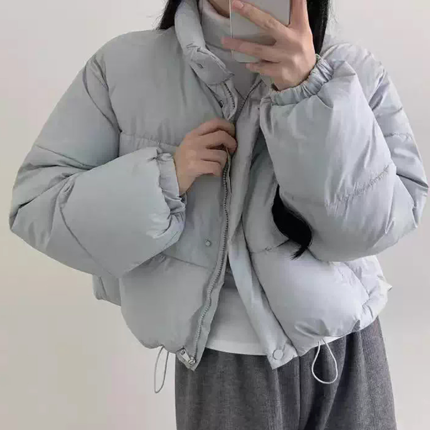 温柔风立领短款面包服棉服外套女2025冬季新款糖果色抽绳下摆上衣