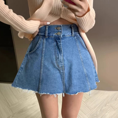 拼接毛边A字牛仔半身裙短裙