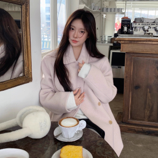 韩国chic秋冬甜美温柔风双排扣圈圈毛纯色百搭长袖 呢子外套大衣女