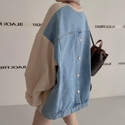 chic圆领拼接牛仔字母印花卫衣女