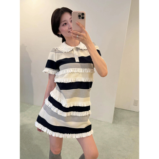 小香风娃娃领条纹针织连衣裙女夏季新款设计感拼接木耳边短裙子