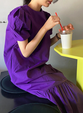 韩国ins洋气紫罗兰显白圆领连衣裙
