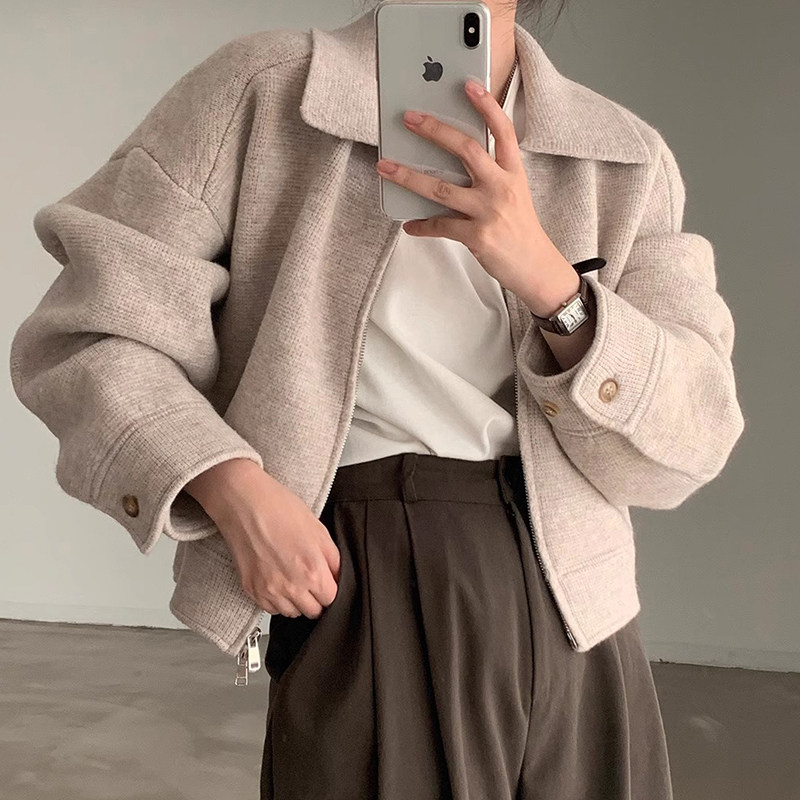 韩国chic秋冬复古简约娃娃领宽松休闲小众百搭短款拉链开衫外套女,女装/女士精品,短外套,淘宝优惠券,粉丝福利购,淘宝优惠卷