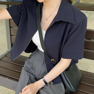 chic翻领垫肩宽松休闲短袖衬衫女