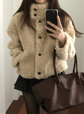 学院风立领羊羔毛棉衣短外套女