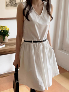 韩国chic夏季 背心连衣裙配腰带 小众气质V领收腰显瘦拼接褶皱无袖