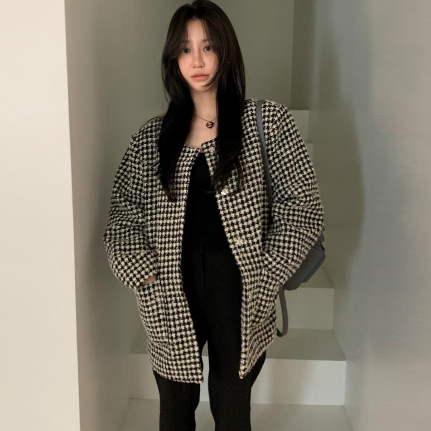 小香风单排扣撞色格子呢子西装外套女2025冬季新款复古百搭款上衣