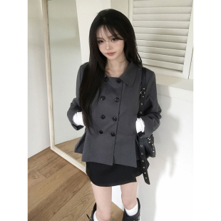 良良家学院风双排扣短外套女2026秋季新款设计感小众压褶西装上衣