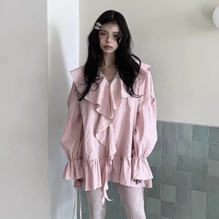 良良家 法式宫廷风荷叶边V领长袖衬衫裙女春季新款宽松短款连衣裙