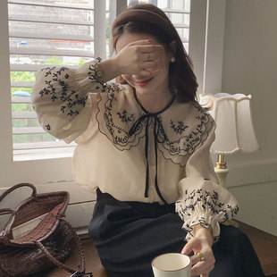 韩国chic春季 上衣女 复古小众多层娃娃领重工刺绣设计感微透衬衫