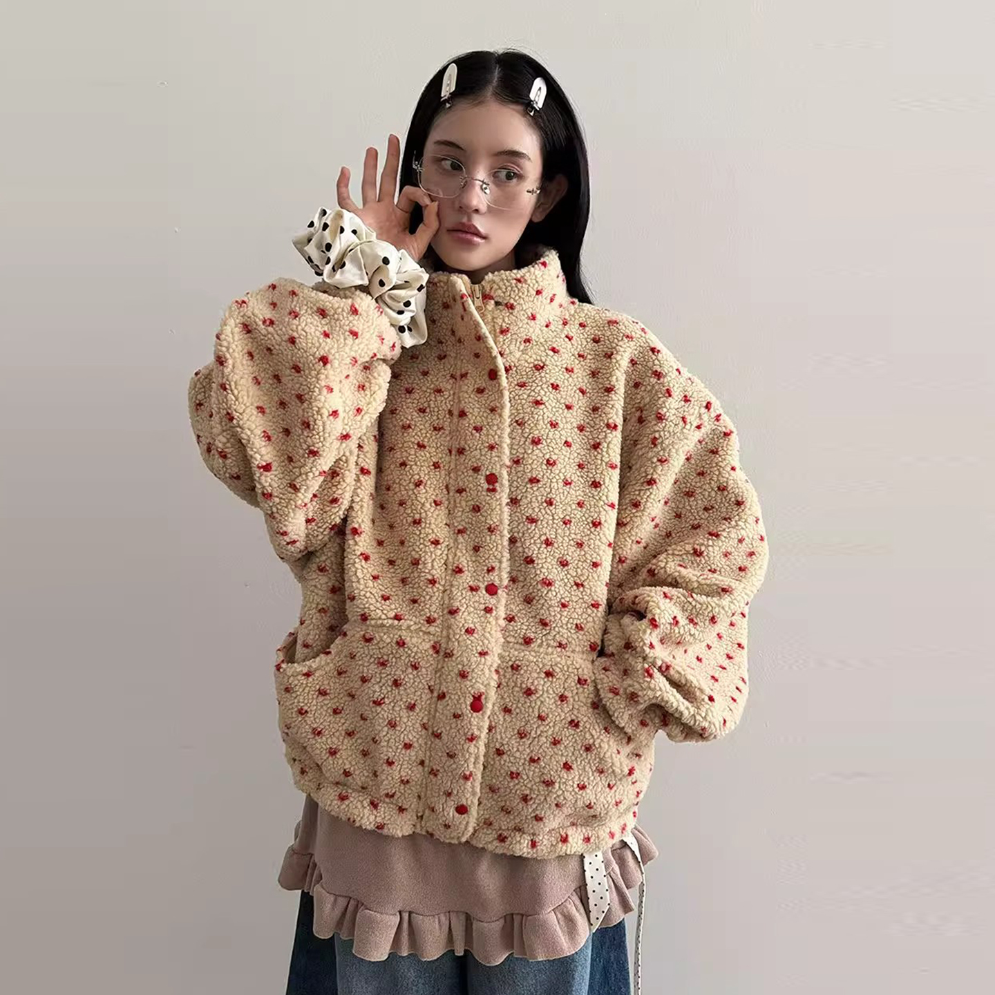 爱心提花口袋羊羔毛棉服外套